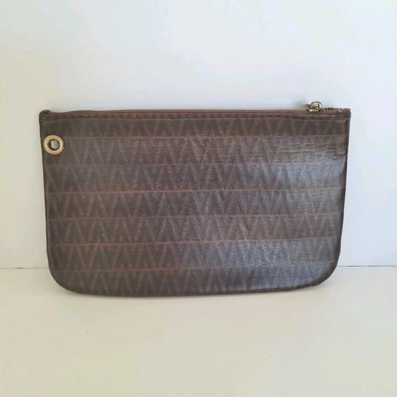 Valentino Vintage Pouch Wallet Zip Clutch Designer 7x4 Designer Brown Logo - Picture 2 of 10
